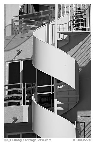 Detail of outdoor spiral staircase. Santa Monica, Los Angeles, California, USA (black and white)