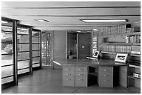 Library and study, Hanna House, a Frank Lloyd Wright masterpiece. Stanford University, California, USA (black and white)