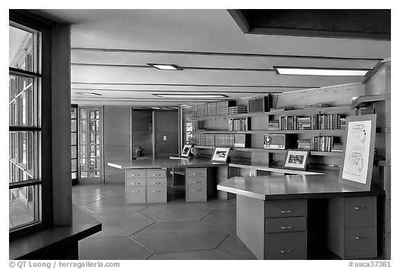 Library with fireplace,  Frank Lloyd Wright Honeycomb House. Stanford University, California, USA