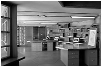 Library with fireplace,  Frank Lloyd Wright Honeycomb House. Stanford University, California, USA (black and white)