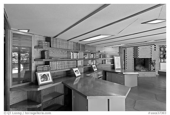 Hexagonally shaped desks in library, Hanna House. Stanford University, California, USA