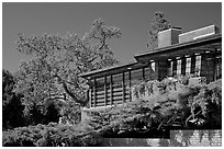 Living room side, Hanna House, a Frank Lloyd Wright masterpiece. Stanford University, California, USA (black and white)