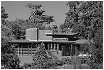 Facade , Hanna House, a Frank Lloyd Wright masterpiece. Stanford University, California, USA ( black and white)