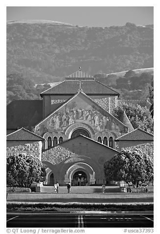 Memorial Church and foothills, late afternoon. Stanford University, California, USA (black and white)