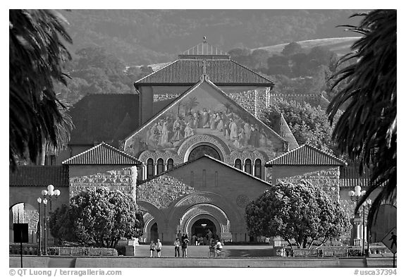 Memorial Church and main Quad, late afternoon. Stanford University, California, USA (black and white)