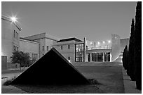 Pyramid in courtylard of the Cantor Art Museum at night. Stanford University, California, USA (black and white)