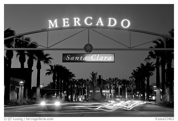 Entrance of the Mercado Shopping Mall at night. Santa Clara,  California, USA (black and white)