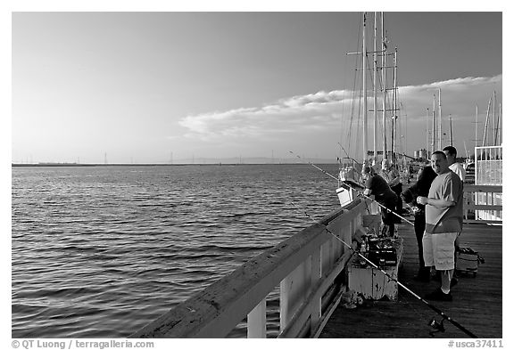 Fishing in the Port of Redwood, late afternoon. Redwood City,  California, USA (black and white)