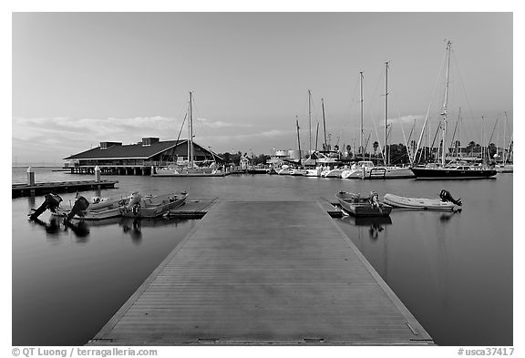 Deck and marina, sunset. Redwood City,  California, USA (black and white)