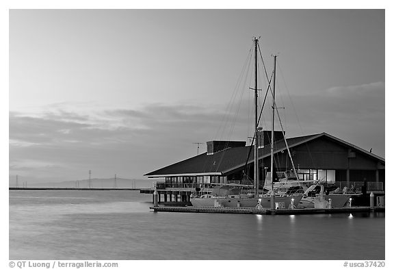 Marina building and yachts, sunset. Redwood City,  California, USA (black and white)