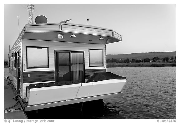 Houseboat, sunset. Redwood City,  California, USA (black and white)