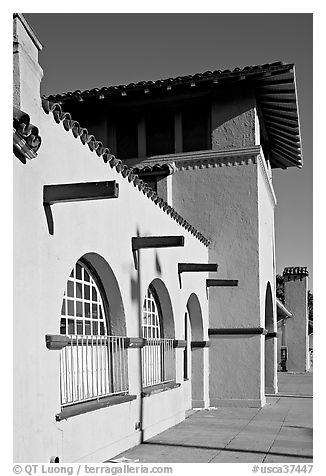 Burlingame train station, in mission revival style. Burlingame,  California, USA (black and white)