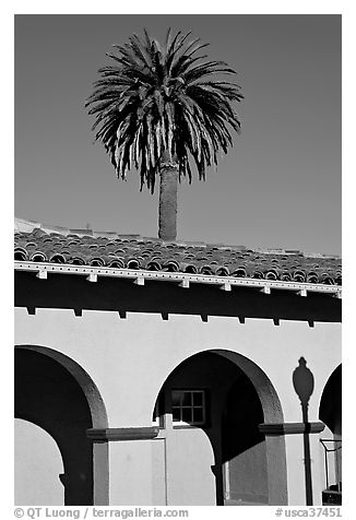 Palm tree and arches, historical train depot. Burlingame,  California, USA (black and white)