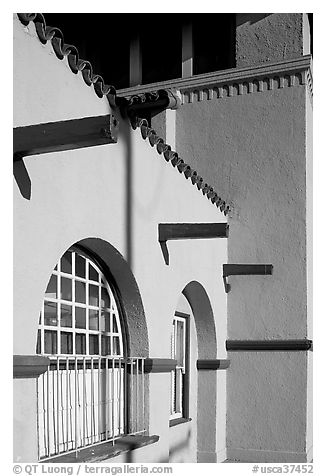 Detail of adobe style train depot. Burlingame,  California, USA (black and white)