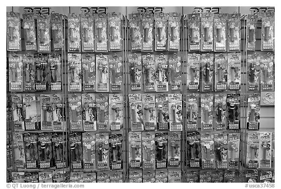 Pez dispensers and candy for sale, Pez museum. Burlingame,  California, USA (black and white)