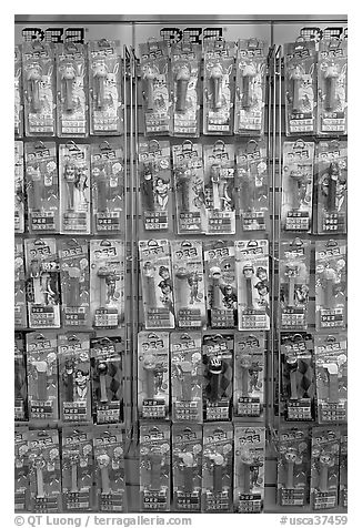 Pez candy and dispensers for sale, Museum of Pez memorabilia. Burlingame,  California, USA (black and white)