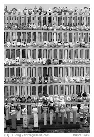 Collection of Pez dispensers, Pez museum. Burlingame,  California, USA (black and white)