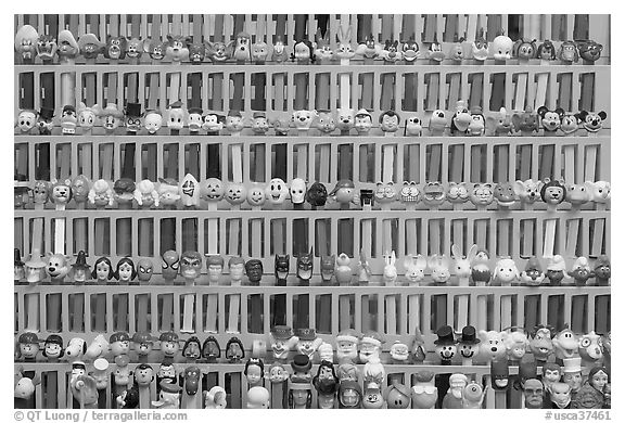 Set of Pez dispensers, Museum of Pez memorabilia. Burlingame,  California, USA (black and white)