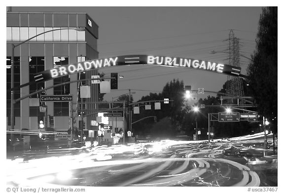 Broadway at dusk with lights from traffic. Burlingame,  California, USA (black and white)