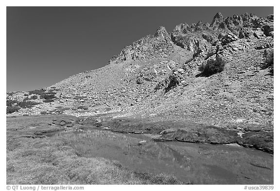 Stream and colorful rocks on Inconsolable Range. California, USA (black and white)