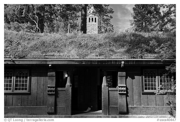 Wooden walls and Scandinavian-style grass-covered roof, Vikingsholm, Lake Tahoe, California. USA (black and white)