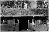 Wooden walls and Scandinavian-style grass-covered roof, Vikingsholm, Lake Tahoe, California. USA ( black and white)