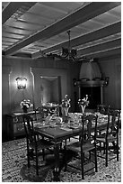 Dining room and dining table, Vikingsholm, Lake Tahoe, California. USA (black and white)