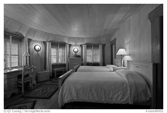 Bedroom, Vikingsholm castle, South Lake Tahoe, California. USA (black and white)
