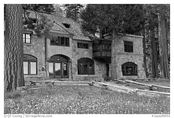 Vikingsholm castle facade, Emerald Bay,  Lake Tahoe, California. USA (black and white)