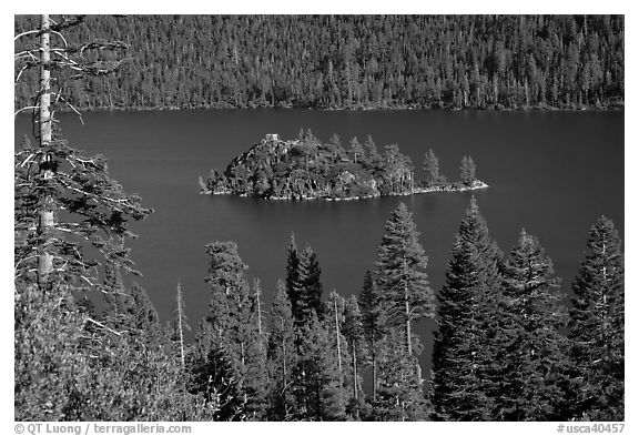 Forested slopes and Fannette Island, Emerald Bay, California. USA