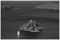 Mouth of Emerald Bay, Fannette Island, and sailboat, Lake Tahoe, California. USA ( black and white)