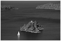 Mouth of Emerald Bay, Fannette Island, and sailboat, Lake Tahoe, California. USA (black and white)