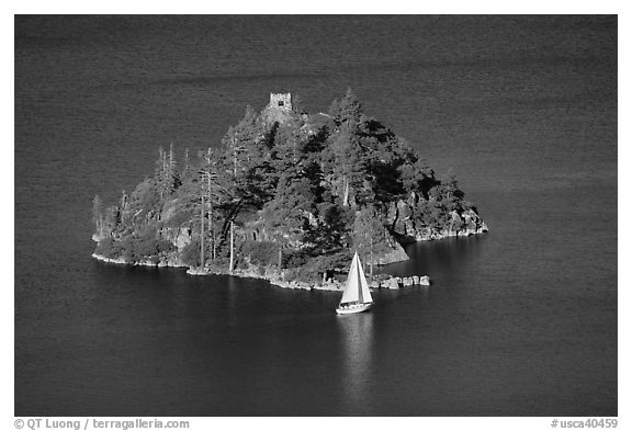 Yacht near Fannette Island, and sailboat, Emerald Bay State Park, California. USA (black and white)