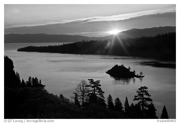 Sun shining under clouds, Emerald Bay and Lake Tahoe, California. USA (black and white)