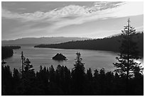 Emerald Bay, Fannette Island, and Lake Tahoe, morning, California. USA (black and white)