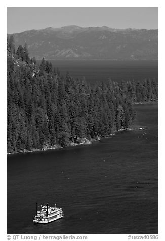 Paddle boat, Emerald Bay, and Lake Tahoe, California. USA (black and white)