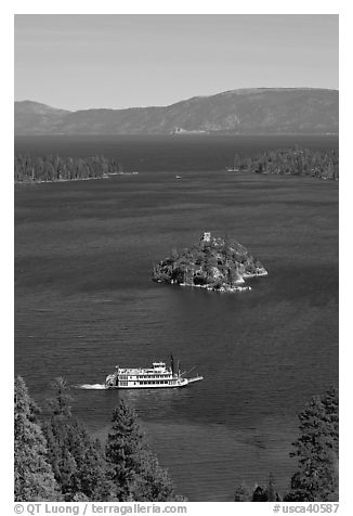 Paddle boat, Emerald Bay, Fannette Island, and Lake Tahoe, California. USA (black and white)