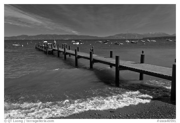 Dock on a windy day, West shore, Lake Tahoe, California. USA (black and white)