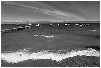 Surf break and dock, West shore, Lake Tahoe, California. USA (black and white)