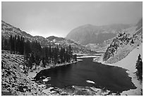 Ellery Lake with fresh snow, sunrise. California, USA (black and white)