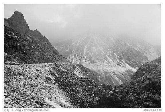 Snow and clouds, Tioga Pass road. California, USA (black and white)