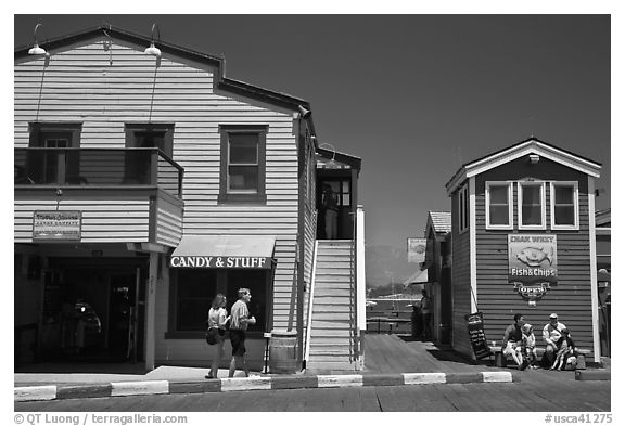 Stores of wharf. Santa Barbara, California, USA (black and white)