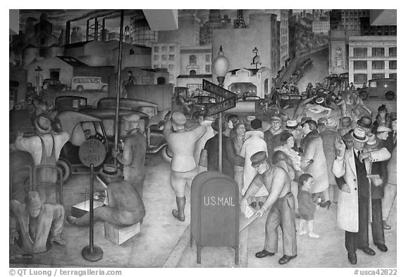 Detail of fresco showing a robbery in progress, Coit Tower. San Francisco, California, USA (black and white)