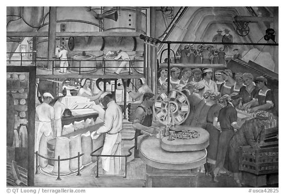 Factory workers depicted in mural fresco inside Coit Tower. San Francisco, California, USA (black and white)