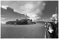 Approaching Alcatraz on tour boat. San Francisco, California, USA (black and white)