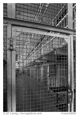 Grids and cells, Alcatraz Prison interior. San Francisco, California, USA (black and white)