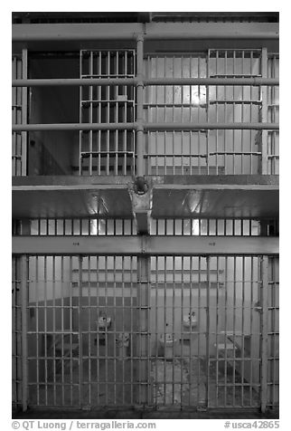 Cells inside Alcatraz prison. San Francisco, California, USA (black and white)