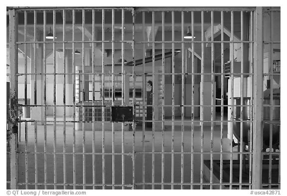 Dining hall, Alcatraz Penitentiary interior. San Francisco, California, USA (black and white)