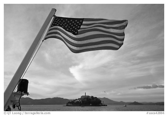 American Flag and Alcatraz Island. San Francisco, California, USA (black and white)