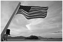 American Flag and Alcatraz Island. San Francisco, California, USA ( black and white)